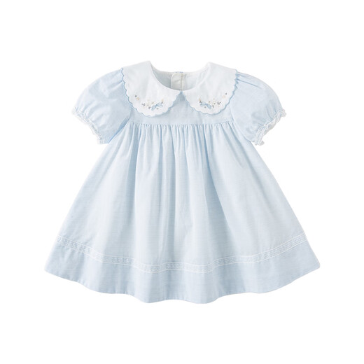 DAVE&BELLA Girls Dress Girls Princess Dress Puff Sleeve Baby Dress Fashionable Girl Lady Dress Summer Dress New Children's Dress Blue and White Stripes DB2238126 100 cm (recommended height 90-100cm)