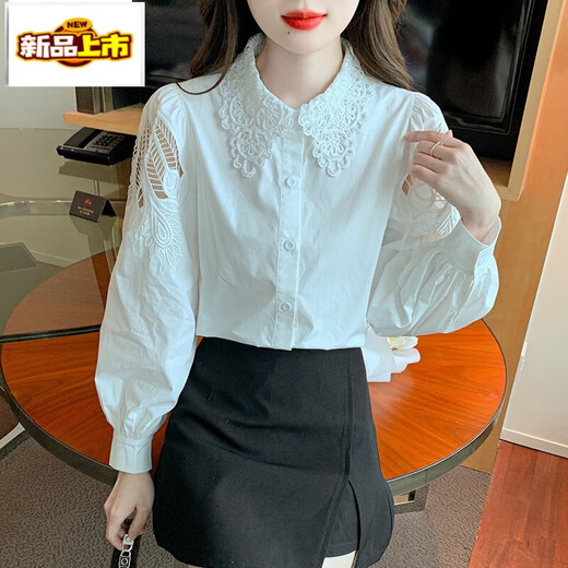 
First-diameter embroidered cotton shirt for women 2025 autumn new fashion embroidered white shirt loose versatile long-sleeved top CY9227 Black S [Suggested 75-95Jin [Jin equals 0.5 kg]]