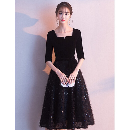 Seidler black little evening dress for women to wear at ordinary times 2025 new banquet and evening temperament mid-length annual meeting to look slim black XL