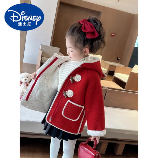 迪士尼（Disney）女童加绒羊羔毛外套秋冬2024新款洋气时髦儿童女宝宝皮毛一体冬装 红色小熊加绒外套 110建议身高100以下3-4岁