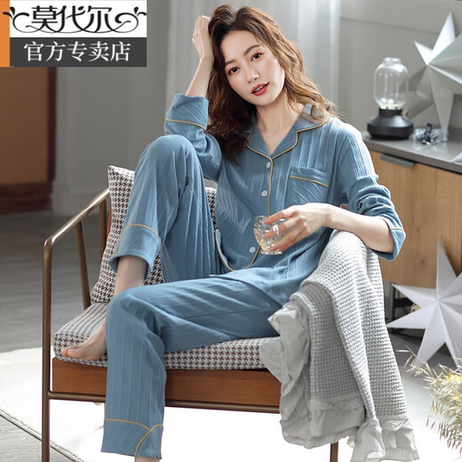 Modal Pyjamas Frauen Frühlings- und Herbststil Herbst und Winter reines Baumwoll-Langarm-Hauskleidung alle Baumwoll-Frühling und Sommer Dünner großer loser Set L6630 Lake Blue-Jacquard (Lycra Cotton) M (Empfohlen 80-100 Jin [Jin gleich 0,5 kg]))