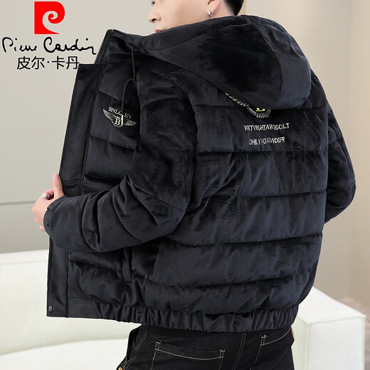 Pierre Cardin winter gold velvet cotton coat men's trendy Korean style casual thickened warm cotton coat youth hooded cold weather jacket Khaki M 90-105Jin Jin equals 0.5 kg