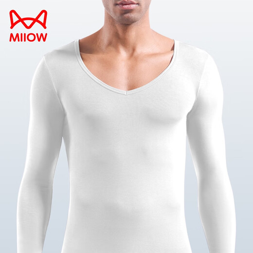 Catman men's low-collar autumn coat single piece slim fit light thermal underwear large v-neck seamless thin bottoming shirt autumn and winter long sleeve white XL recommended 110-130Jin Jin equals 0.5 kg