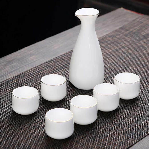 Bi Fang utensils Dehua mutton-fat jade white porcelain wine set set with gold tracing, small wine cup, half Jin Jin is equal to 0.5 kg, sake and white wine divider, three liang ceramic small wine cup set, beauty pot, one pot, 6 cups - gold tracing style (flask 170 ml)