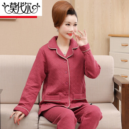 Modal autumn and winter middle-aged mother air cotton sandwich pajamas for women thickened pure cotton long-sleeved middle-aged and elderly thin quilted suit W12101 XL 120-140Jin Jin equal to 0.5 kg wear