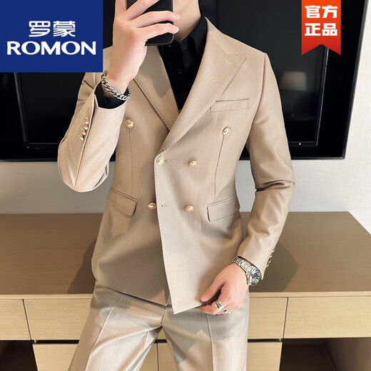 ROMON British suit double-breasted business suit men's Korean version slim solid color casual metal buckle suit spring and autumn black single suit L