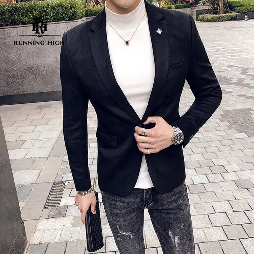 RUNNING HIGH品牌西装外套男国潮服装春季新款修身休闲纯色平驳领外套上衣 黑色9928 常规 M