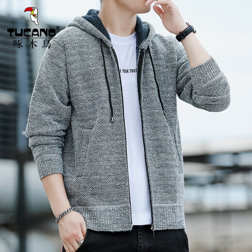 Woodpecker (TUCANO) Jacket Men's Spring and Autumn Trendy Brand Hooded Knitted Tops Teenagers Sweater Handsome Korean Men's Jacket 8802 Dark Gray XL
