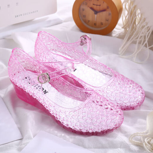Spring and winter new style 2020 crystal sandals, wedge-heeled women's shoes, mid-heel, one-word buckle, Baotou, women's hollow jelly hole shoes, crystal pink 35, inner length about 22.5cm