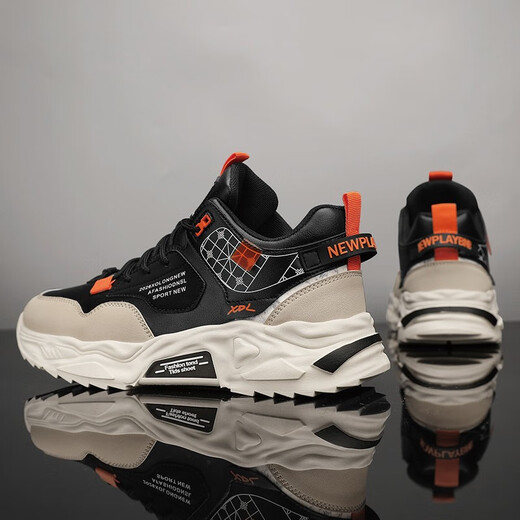 Mountain Flower Creek [optional with velvet] Men's shoes, autumn and winter new cotton shoes, sports and casual running thick soles, versatile dad's trendy shoes, black orange [upgraded version]-2601 39