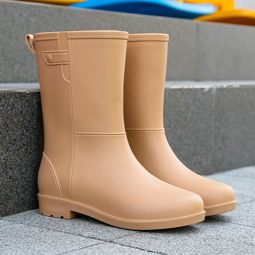 DG/DU mid-tube rain boots for women new fashion adult rain boots plus velvet warm waterproof shoes kitchen car washing anti-slip rubber shoes single shoe model [stylish and simple style] brown 38