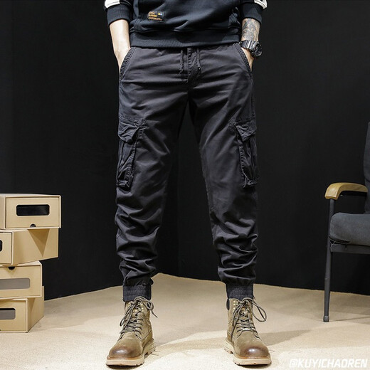 古先森美式复古工装裤男款宽松休闲裤男秋冬款哈伦裤潮牌束脚裤男长裤子 黑色 31 【125-135斤】