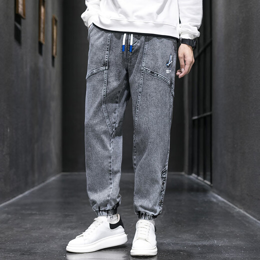Number one youth jeans men spring and summer retro loose work pants trendy large size men's casual pants men gray XL
