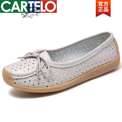 CARTELO 2025 new product spring and summer genuine leather shallow mouth flat bottom flat heel small white shoes women's hollow bean shoes mother's shoes non-slip rest 688 black punching 41