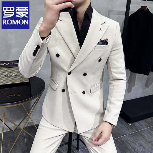 ROMON spring and autumn off-white double-breasted suit for men, slim, handsome, casual, small suit jacket style, white (jacket + pants) M