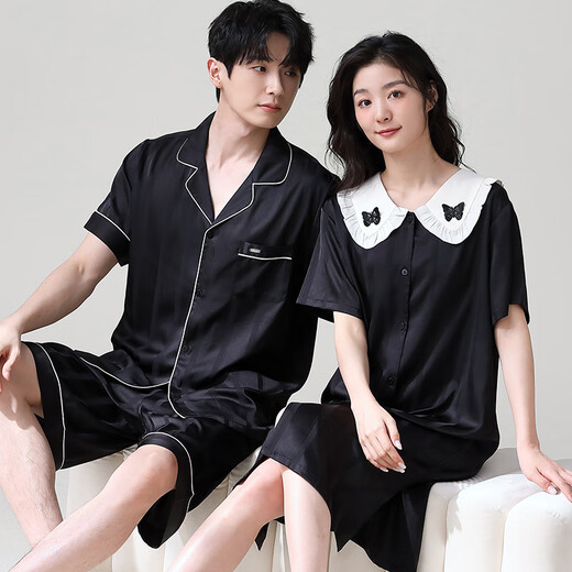 黛姿馨冰丝情侣睡衣男夏季短袖套装夏天薄款凉感睡裙女休闲可外穿家居服 2603女+2601男【男套装+女睡裙】 女XL+男XXXL