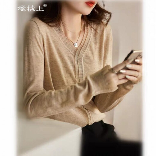 意枕上v领时尚针织衫女秋冬新款气质修身蕾丝网纱木耳边长袖百搭打底衫 黑色 6173# L 105-115