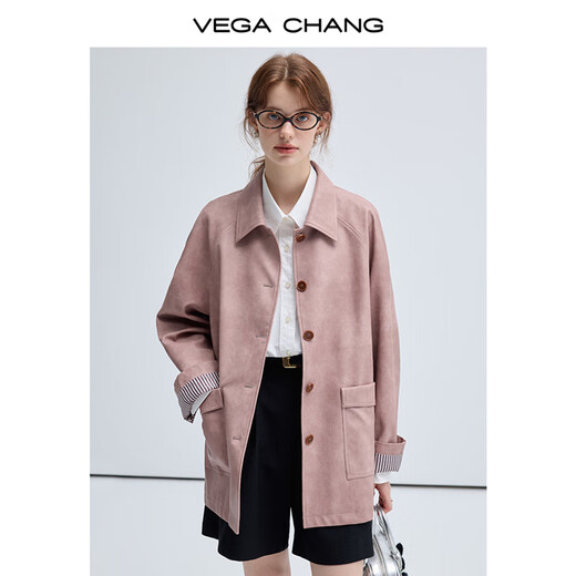 VEGA CHANG皮衣女款2025年新款春秋美式复古中长款PU皮外套 橡皮粉 S