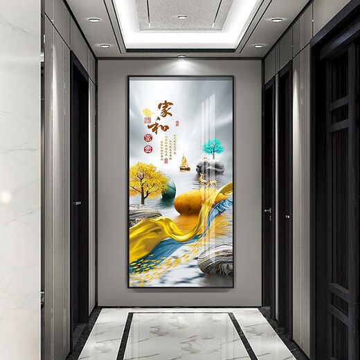 牧邻玄关装饰画新中式轻奢现代简约背景墙壁挂画免打孔走廊过道镶钻画 12243福鹿呈祥 晶瓷70*140黑框 墙宽101-120