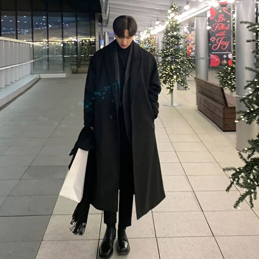 潮西登风衣男中长款春秋装新款双排扣长款过膝外套潮流宽松大码大衣男 黑色 L