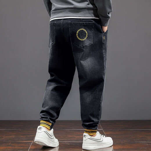 
Fei Shimi Autumn New Fashion Brand Elastic Small Foot Jeans Fat Loose and All-Match Pants Elastic Waist Fat Pants 300 Jin [Jin equals 0.5 kg] Black 9905 XL 1 (130-150 Jin [Jin equals 0.5 kg])