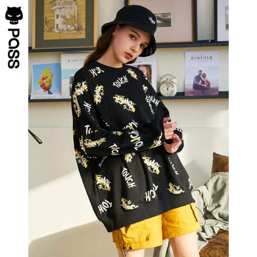 PASS trendy brand 2020 spring graffiti sweatshirt women's loose bf lazy style letter print long-sleeved top black one size