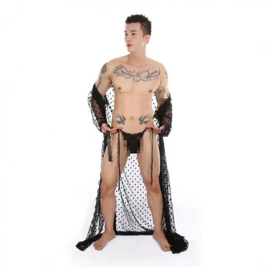 Sexy underwear men's underwear thong sexy sexy lace bathrobe long transparent slit S g094 black nightgown + underwear