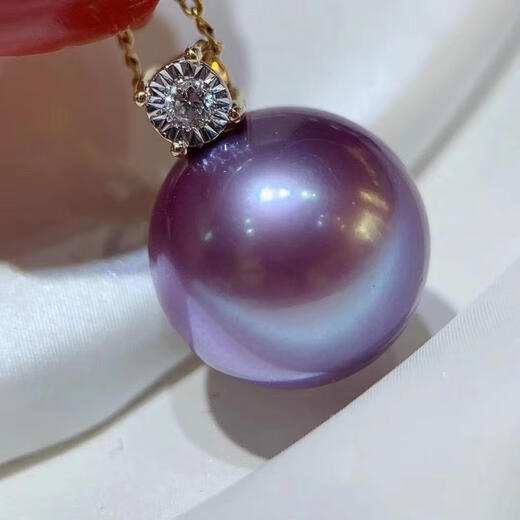 Jinshitong round Tahitian purple bright pearl pendant princess style single clavicle chain 925 silver gold-plated 12-12mm