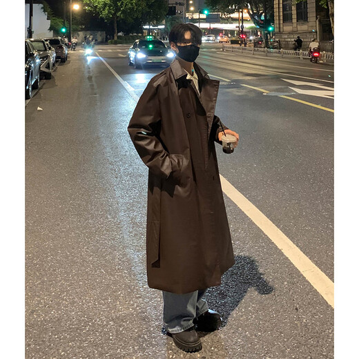 Shelley Jonespu leather windbreaker men's coat mid-length spring and autumn new ins double-breasted design top coat handsome coat black 2XL recommended 145-160Jin Jin equals 0.5 kg