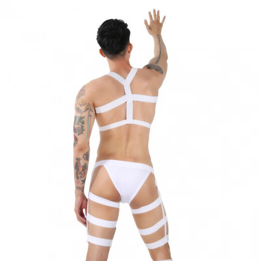 Long Night Men's Erotic Underwear Underwear Thong Set Nightclub Prince Bondage Strap One-piece Bodysuit 229 White Breast Revealing Belt + Underwear Confidential Shipping