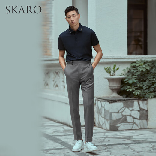SKARO【含桑蚕丝 可机洗】商务POLO衫男士翻领休闲短袖T恤夏 丈青色SKP681 M （=衬衫40码）