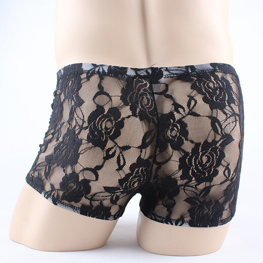 Men's Sexy Underwear Thin Transparent Lace Sexy Underwear See-through Boxer Briefs Men's Shorts One Size Red