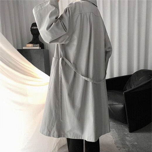 EJOT懒惰系男士风衣中长款春夏秋薄款三件套韩版宽松潮流帅气风衣外套 黑色单件 2XL_140-160