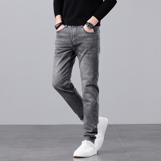 
Canelin Kiskha jeans men's spring and autumn black slim feet Korean style trendy high-end elastic casual autumn long pants men 1049 grey 31