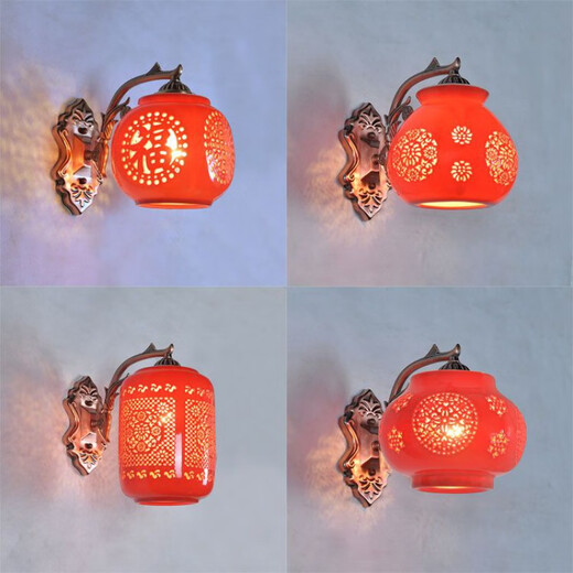 Yaotian New Chinese Style Red Festive Ceramic Wall Lamp Bedroom Bedside Lamp Foyer Entrance Aisle Balcony Fu Character Lantern Wall Lamp Single Head Long Red Lantern Free LED Warm Light