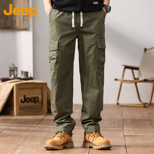 Jeep (JEEP) overalls men's autumn and winter casual pants men's loose trendy pure cotton straight-leg men's pants military green L