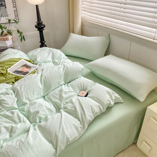 Yalu Home Textiles Four-piece set of pure cotton naked sleeping 100 cotton sheets and quilt cover cover single and double 1.5m 1.8 meters bedding Algae green + moonlight green 2.2*2.4m quilt cover [quilt cover single piece]