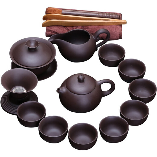 Xiangye complete set of raw ore purple clay pot Kung Fu tea set home office teapot teacup cover bowl set tea set gift box set purple clay tea set 15 pieces (safety package)