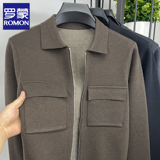 ROMON sweater cardigan wool sweater men's coat lapel autumn casual business contrast striped handsome jacket sweater dark gray XL