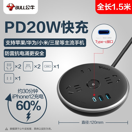 Bull flying saucer socket multi-purpose usb fast charging lightning protection anti-surge power strip black smart disc-shaped multi-functional home power strip computer desktop power strip R612U 3-socket master control total length 1.5 meters 20W fast charge
