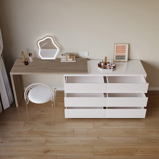Bedside cabinet bedroom dresser storage cabinet combination multifunctional dressing table bedside cabinet ins modern simple a white oak grain + warm white 1 point 3 meters retractable dressing table + stool