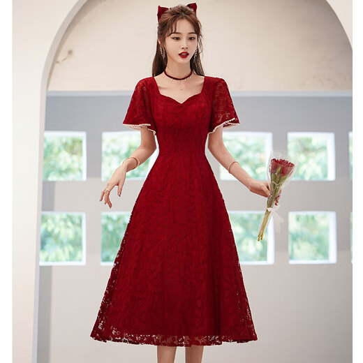 
Lankaroni Lankaroni toast suit bride can wear wedding engagement dress return small evening dress lace burgundy medium length 2XL