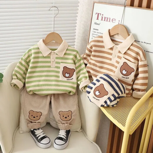 Disney's new children's suit boy's sweatshirt baby clothes spring and autumn handsome fashionable baby spring two-piece set casual children's clothing blue lapel striped bear set 90