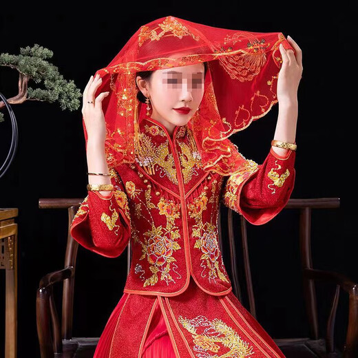 东之天地 新娘红盖头结婚半透明头纱秀禾服苏绣蒙头喜帕中式婚礼红色头巾 76*83cm【凰飞凤舞】红盖头1条
