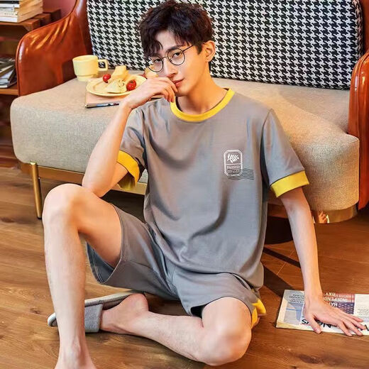 Shemengduo Summer Men's Pajamas Men's Summer Cotton Plus Fat Plus Size Summer Home Suit Short Sleeve Youth Korean Style Thin Half Sleeve 9928# (Short Sleeve Shorts) L 95Jin[Jin Equal to 0.5kg]-125Jin[Jin Equal to 0.5kg]