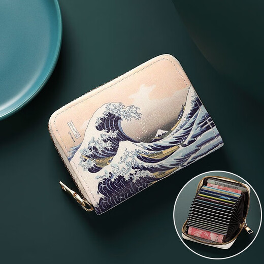 万佳臻创意浮世绘艺术卡包女小巧多卡位大容量防消磁防盗刷证件夹零钱包 神纳川冲浪里【18卡+2零钱位】