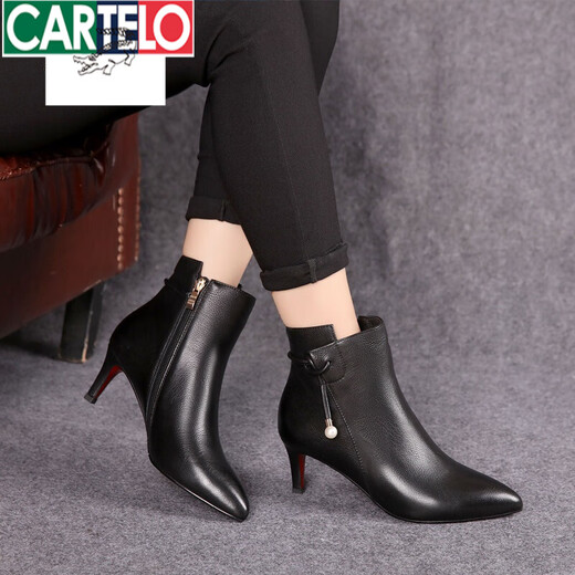 卡帝乐鳄鱼（CARTELO）2025秋冬新款黑色真皮中跟短靴女短筒细跟尖头高跟裸靴马丁靴女新 黑色绒里 36