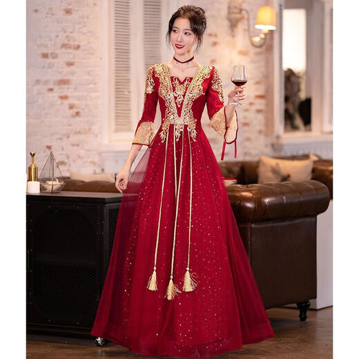 Bao Qiaoxu Toast Kleidung Braut 2024 Sommer Brew Red Chinese Langarm Hochzeit Verlobungskleid für Frauen Gebräu Red Long 684 xl