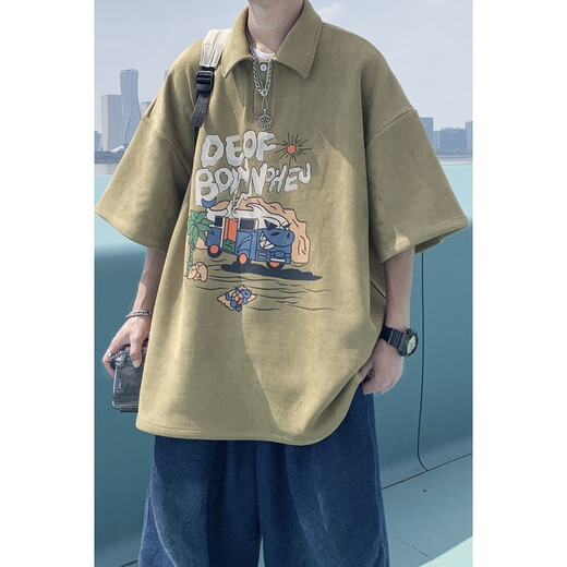 Shelley Jones美式polo衫男夏季重磅欧美高街ins潮流潮牌宽松青少年学生上衣服 橄榄绿 XL