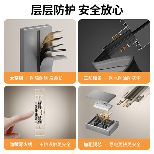 国际电工黑色轨道插座带开关餐边柜明装家用多孔位多插位扩展插座电力导轨 50cm+4个五孔适配器【一键断电】